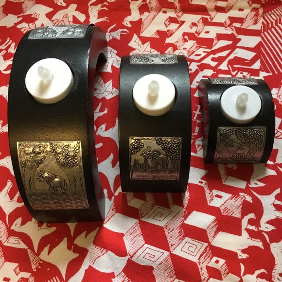 Vintage 90s Elephant Stamped Metal Wooden Space Saver Candle Holders - Picture 1 of 11